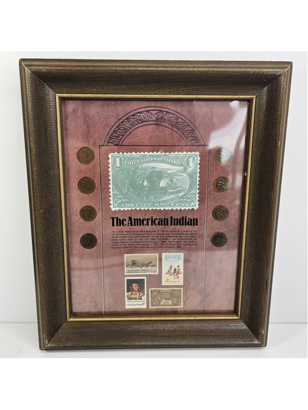 8 Indian Head Penny Coins and 4 Stamps Vintage Framed "The American Indian" Cent